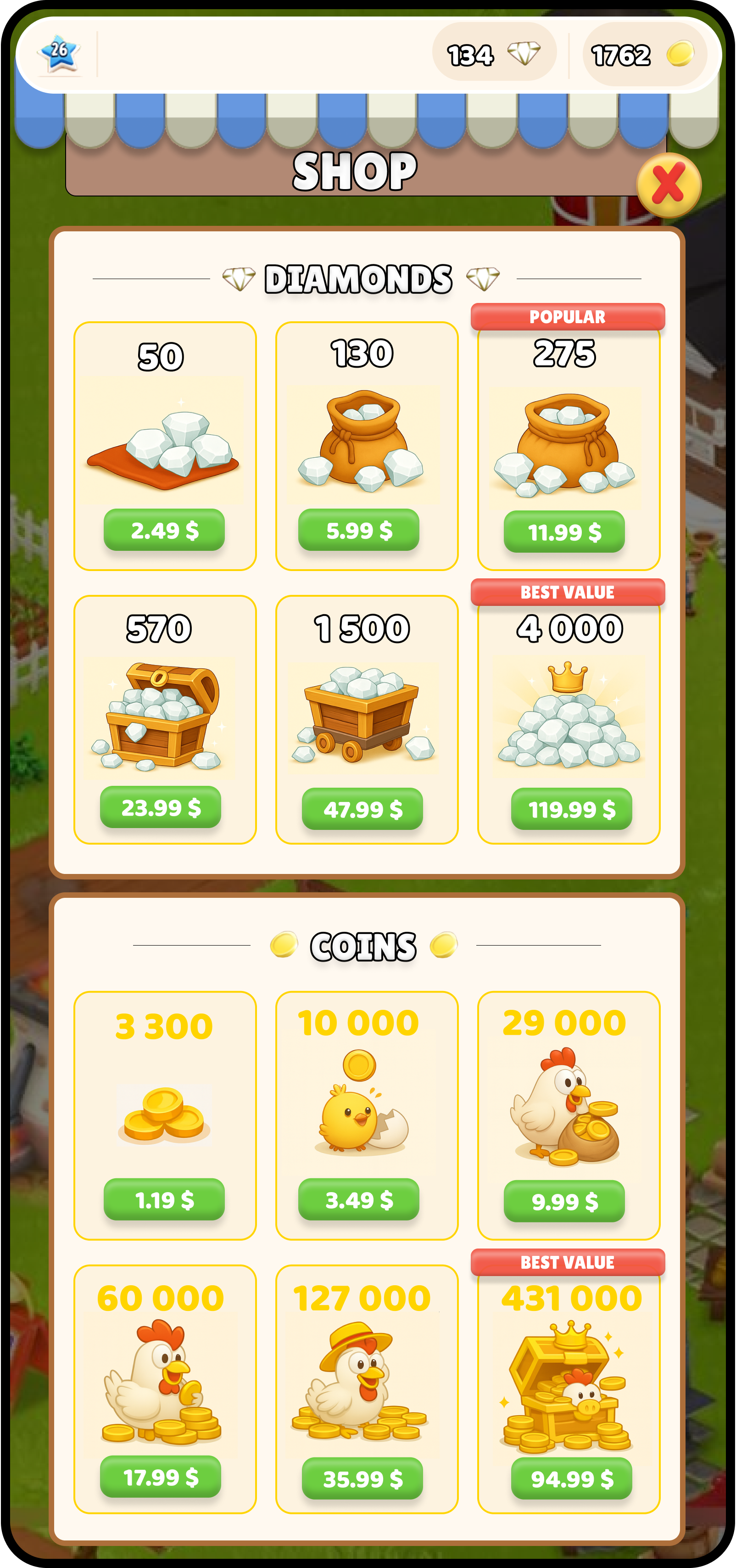 Hay Day store redesign screen showing refreshed shop layout